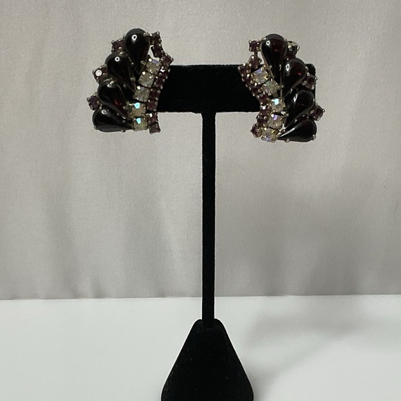 Vintage Purple & Clear Rhinestone Earrings Climber Clip On Silver Tone Statement - Picture 7 of 9